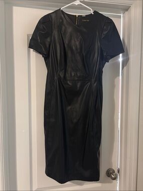 Calvin Klein Black Faux Leather Midi Sheath Dress